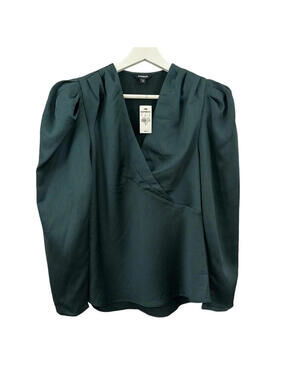Express Dark Hunter Green Silky Textured Puff Sleeve Blouse Top Faux Wrap XS